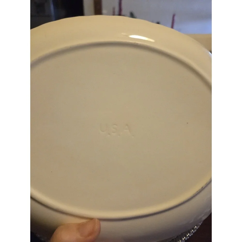 Vintage USA 12 X 9 Oval Serving Platter Pink Yellow Blue Flowers Gold Rim